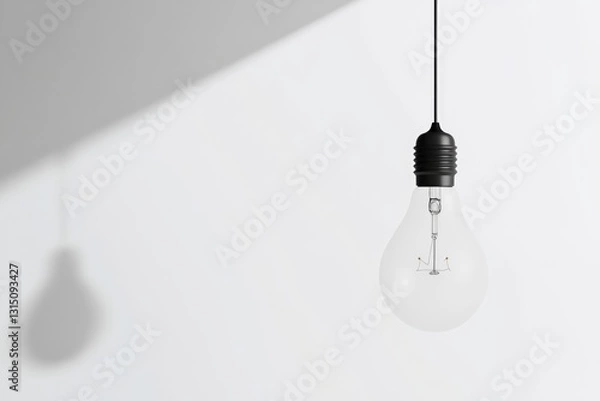 Fototapeta single light bulb suspended in gentle shadows symbolizing innovation hanging against pure white background offering