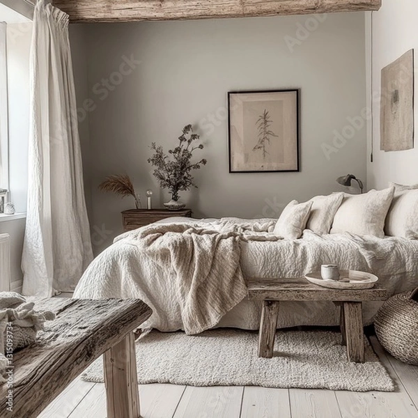 Fototapeta The bedroom features a minimal serene aesthetic and inviting ambiance