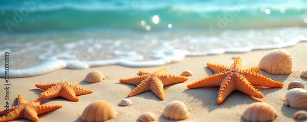 Obraz starfish and seashells on the beach
