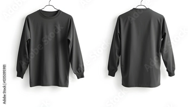 Fototapeta Realistic long sleeve T shirt mockup hanging front and back view isolated on white background with clipping path, studio lighting. with white shades
