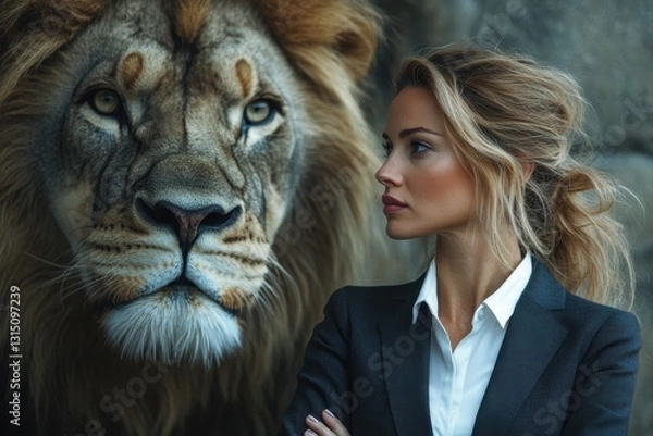 Fototapeta Woman stands confidently beside a lion in a natural setting highlighting the bond between humans and wildlife