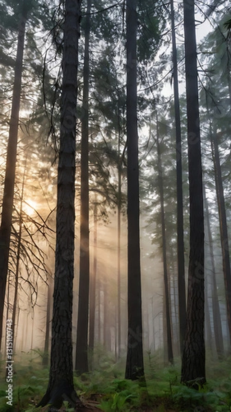 Obraz A misty forest at dawn, with tall pine trees and soft light filtering through the morning fog.

