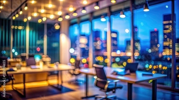 Fototapeta Abstract Blurred Office Night Interior, Bokeh Lights, Defocused Workspace, Generative AI Art, Deep Depth of Field