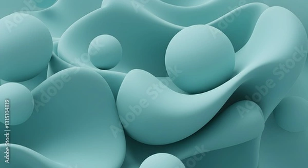 Fototapeta Elegant 3D rendering of spheres and abstract shapes in a soft teal hue
