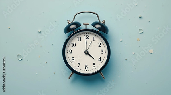 Fototapeta Snoring classic alarm clock on blue pastel trendy background. Flat lay, top view mock up