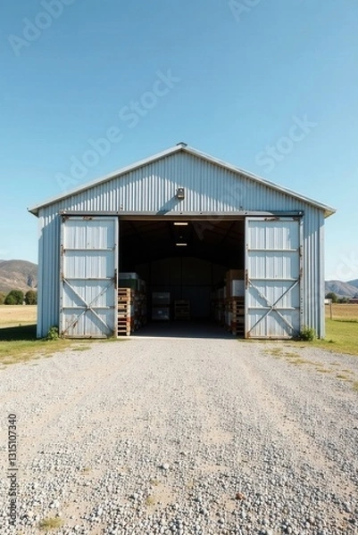 Fototapeta Rustic Metal Storage Building with Open Doors Revealing Stacked Pallets Inside on a Sunny Day