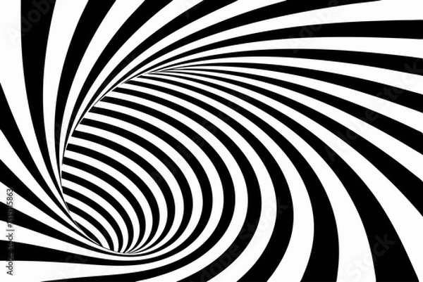 Fototapeta Black and white spiral tunnel with a hypnotic optical illusion. Striped twisted abstract 3D render background.