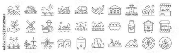 Obraz Eco Farm, Sustainable Agriculture line icon set. Vector pictograms of organic farming, renewable energy, animals, irrigation, recycling, solar panels, wind turbine thin linear illustration.