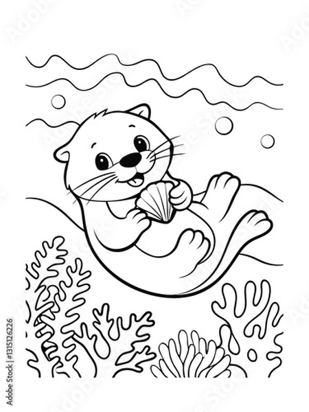 Fototapeta A cute cartoon sea otter holds a clam shell, resting on an ocean floor with seaweed. Simple line art, perfect for coloring. Underwater scene.
