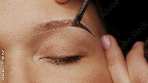 Fototapeta Woman is  on the Eyebrow coloring procedure. Professional lamination procedures of female eyebrows in beauty salon. Closeup view of client face and stylist's hands working.  Beauty care concept.