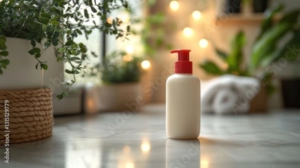 Fototapeta Cream bottle on marble countertop, greenery, warm lights