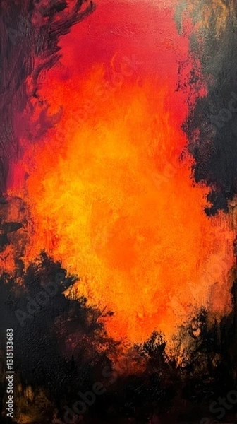 Fototapeta A painting of a fire with orange and black colors. The painting is abstract and has a lot of texture