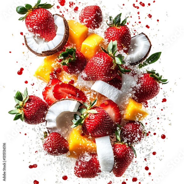 Fototapeta A Burst of Strawberries Coconut and Mango Scattering Isolated on Transparent Background