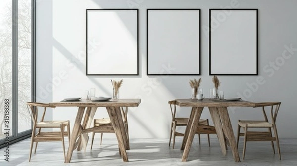 Fototapeta Scandinavian simple interior design living room, dining room with empty poster mockup on the wall