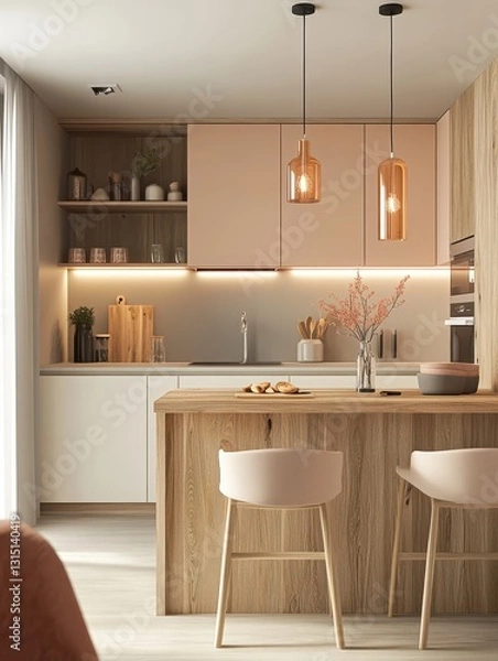 Fototapeta A modern kitchen with an island and bar stools