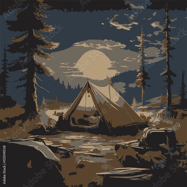 Obraz Camping Tent in Forest Landscape at Sunset

