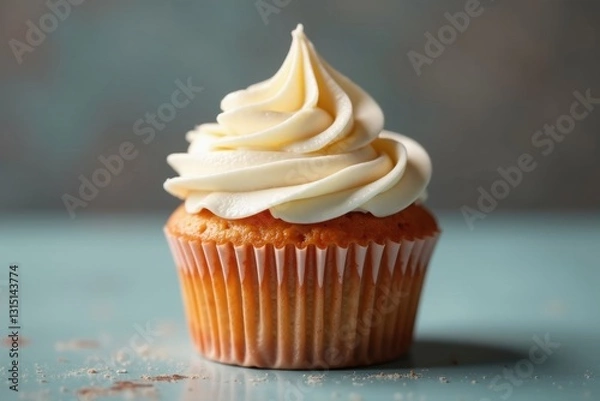 Fototapeta Close-up, single vintage cupcake, delicate frosting swirl , delicious, homemade, sprinkles