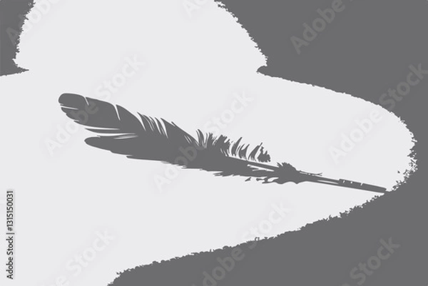 Obraz A grayscale digital illustration of a delicate feather lying on a smooth surface, casting a soft shadow. The feather represents lightness, freedom, and nature's beauty. 