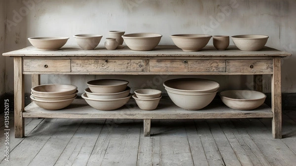 Fototapeta Rustic Pottery Bowls on Wooden Table, Studio Setting, Craft Display