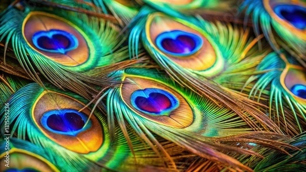 Fototapeta Macro Peacock Feathers: Colorful Bird Texture Background, Rich Colors, Shallow DOF
