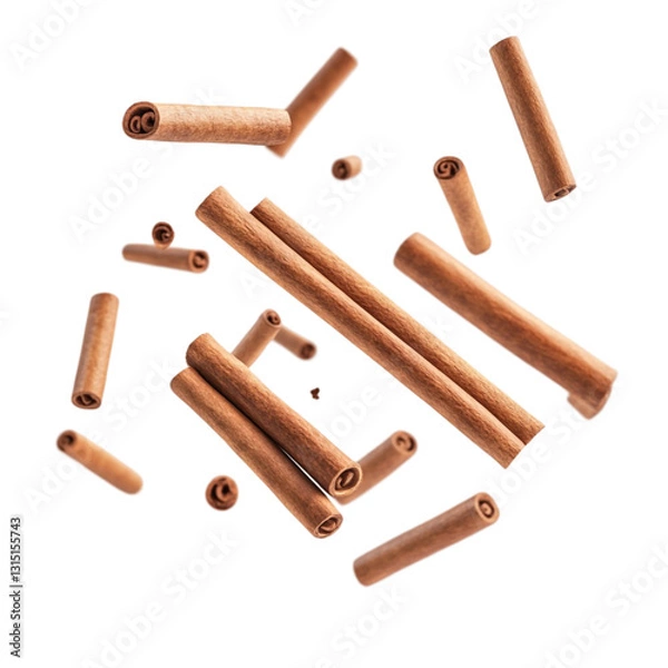 Obraz Cinnamon sticks falling vibrant background warm spice aroma