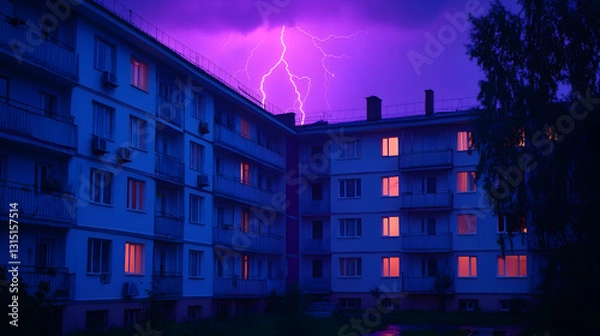 Obraz Nighttime thunderstorm over apartment buildings, illuminated windows, dark sky, dramatic lighting, perfect for weather or urban scene background