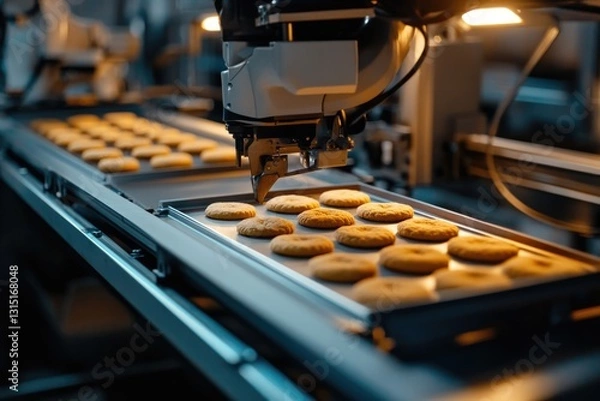 Fototapeta Cookies travel along a factory production line. The automated process is shown in detail, with machinery visible.