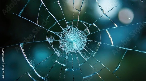 Fototapeta Office emergency: A cracked window with spiderweb fractures, hinting at recent impact damage.