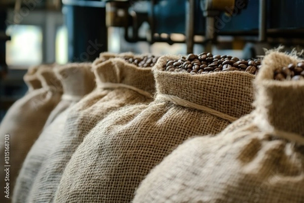 Fototapeta A row of burlap sacks, filled with roasted coffee beans, sit in a warehouse. 