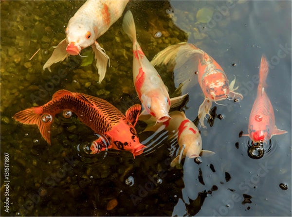 Obraz Koi carp in a pond coming to the surface for food