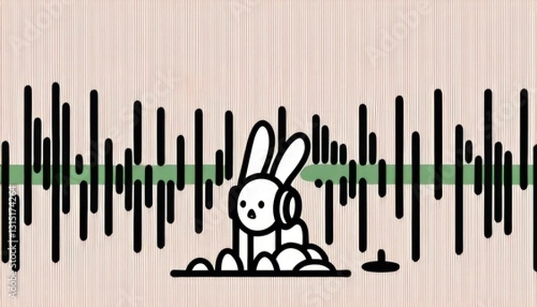 Obraz  line art Easter bunny listening song, a music lines side of bunny, cute line art illustration, olive green color background comic line art illustration, line art music lines illustration