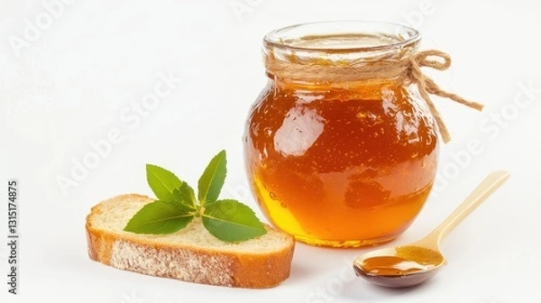 Fototapeta A close-up of a jar of jam and a spoon with a slice of bread on a white isolated background