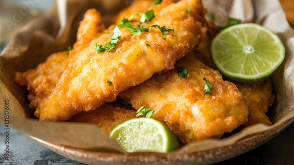 Fototapeta Fried fish fillets in golden batter with a squeeze of fresh lime juice.