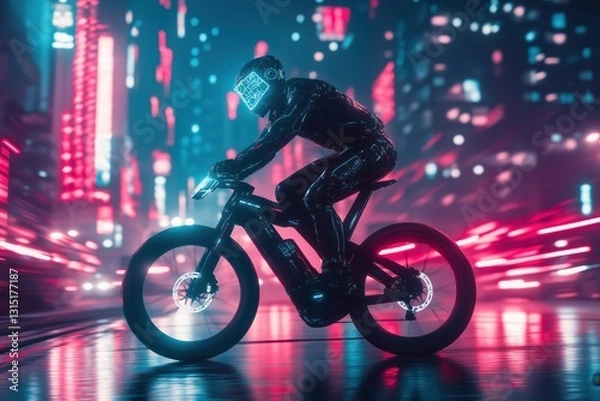 Fototapeta Futuristic Bicycle Rider Navigates Neon-Lit Cityscape With Holographic Displays and Glowing Accents