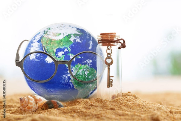Fototapeta Earth wearing glasses sitting on sand  beach with glass bottom with love key in side, Find Love and Save the World concept, Earth day concept, Elements of this image furnished by NASA