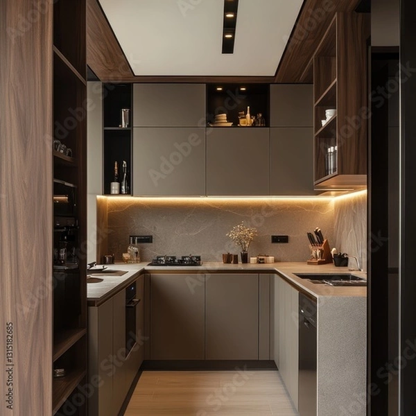 Fototapeta A modern and elegant kitchen showcases cabinets and appliances inside