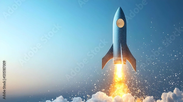 Fototapeta A Pixelated 3D Rocket Launching Into The Blue Sky With Orange Flames And White Clouds Symbolizing Innovation And Exploration