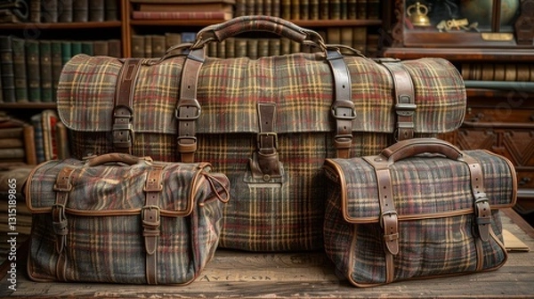 Fototapeta A collection of weathered vintage travel bags with plaid patterns and leather straps displayed on a wooden surface