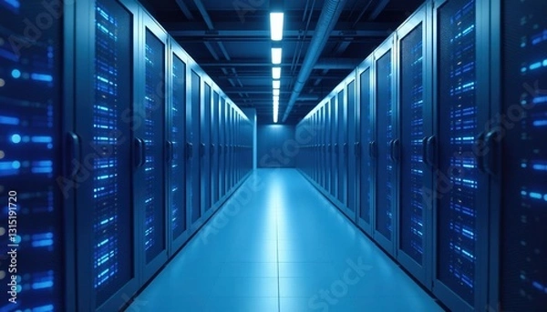 Obraz Server room with blue lights, Data Center
