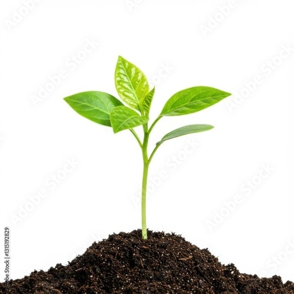 Fototapeta Young green seedling, sprouting from rich dark soil, vibrant leaves, new growth, white background, macro photography, high contrast, botanical illustration, growth concept, beginnings, nature, plant l