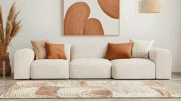 Fototapeta Modern living room interior design with beige sofa, patterned rug, and abstract art