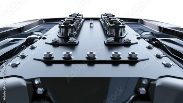 Fototapeta A close-up of a car engine hood with hydraulic lifts on a white isolated background