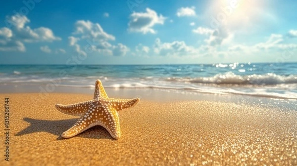 Fototapeta Starfish resting on golden sand under a clear blue sky by the ocean shore during a sunny day