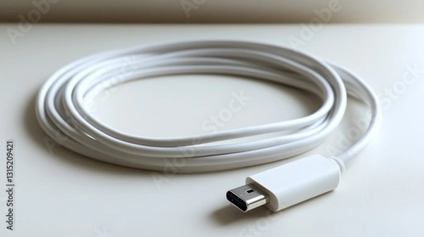 Fototapeta White coiled cable, close-up on a plain surface, with soft lighting, background blurred