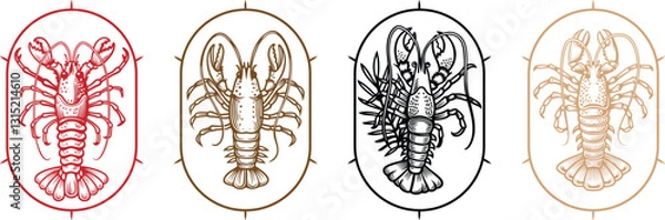 Fototapeta set of crayfish with plants black vector, engraving sketch ink poster black illustration etching style tattoo,