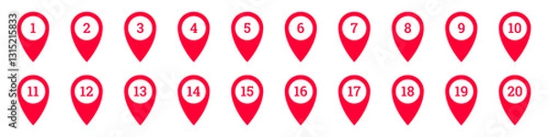 Fototapeta Icon set featuring red map markers numbered from one to twenty. simple and easily recognizable.