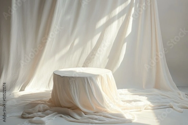 Fototapeta A minimalist scene with a round platform draped in white fabric, bathed in soft sunlight.