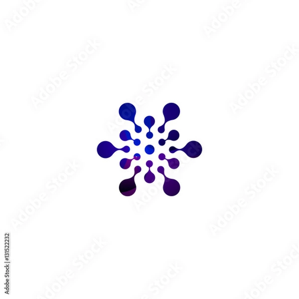 Fototapeta Digital colorful isolated circle logo template. Stylized abstract snowflake, flower or sun vector illustration. Polka dots round sign.