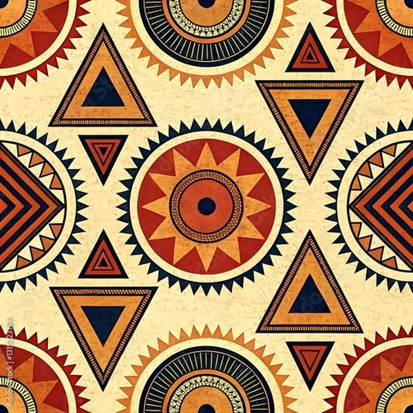 Fototapeta Geometric african tribal pattern seamless design texture red sun art boho dark retro beige brown
