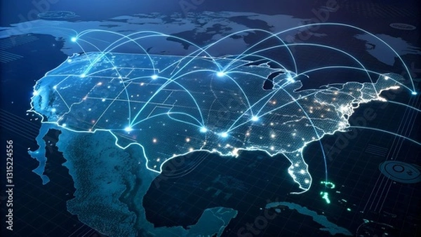 Fototapeta An illustrative representation of the United States of America overlaid with a network of glowing lines connecting various points.